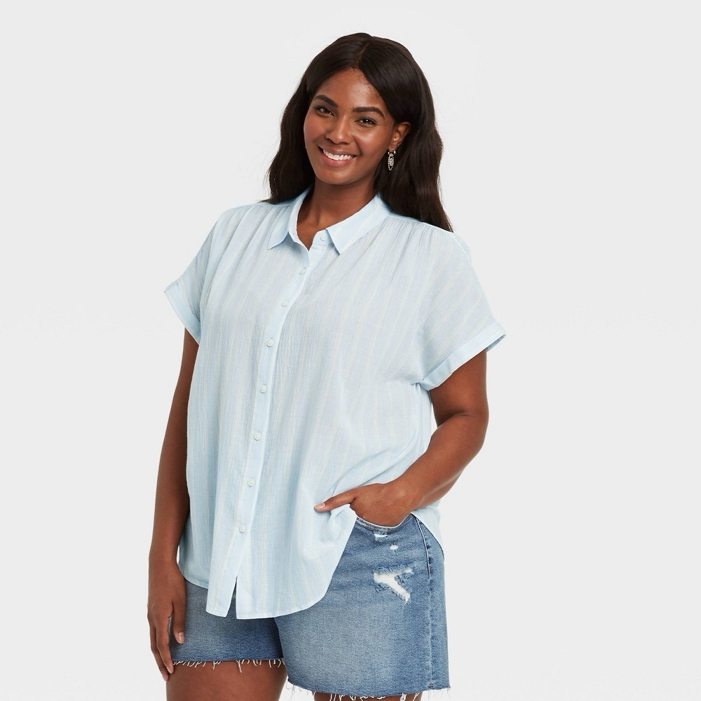 Ava & Viv Women's Plus Size Striped Short Sleeve Button-Down Shirt